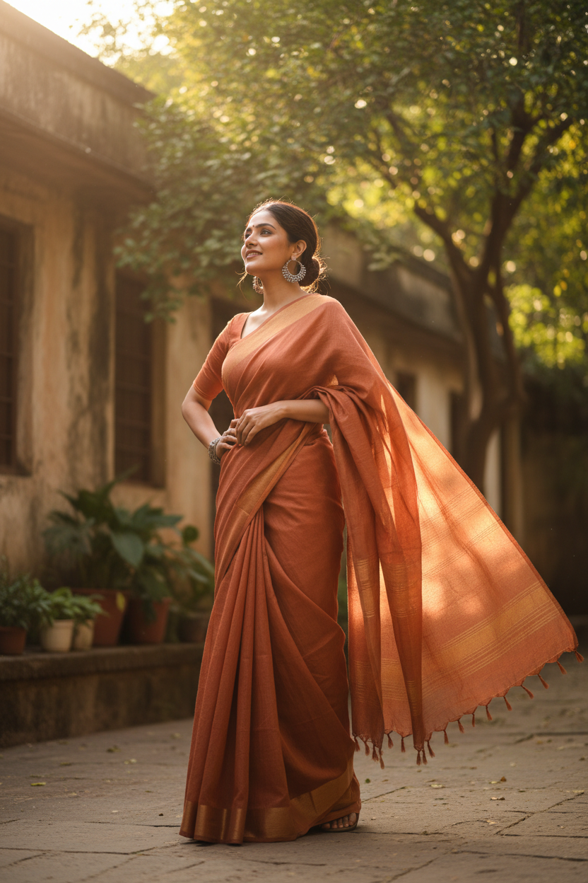 Woman wearing handwoven cotton saree in terracotta