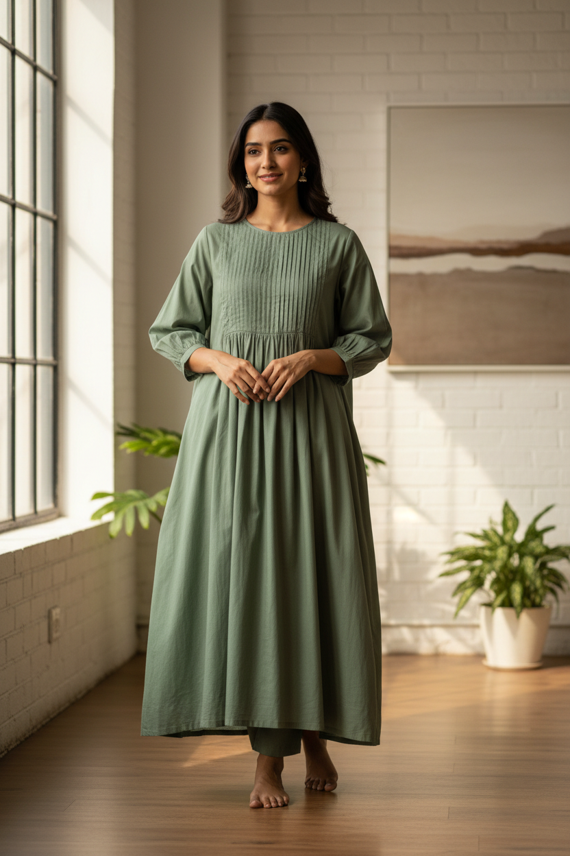 Woman wearing sage green pintuck cotton long kurta
