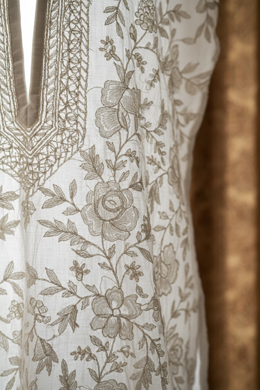 Close-up of Chikankari embroidery detail on short kurta