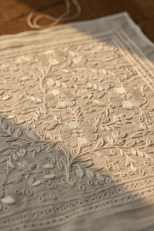 Close-up of Chikankari embroidery on unstitched fabric