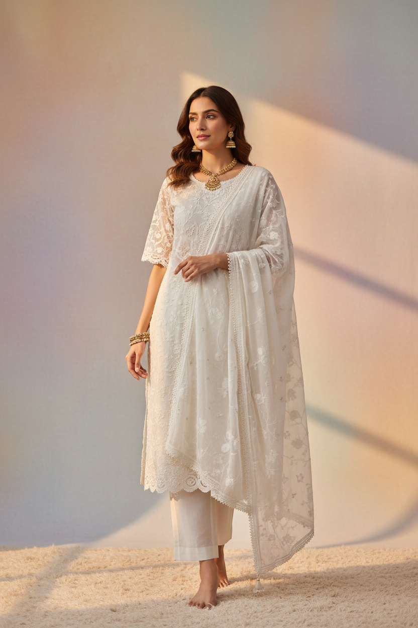 Woman wearing white Chikankari short kurta