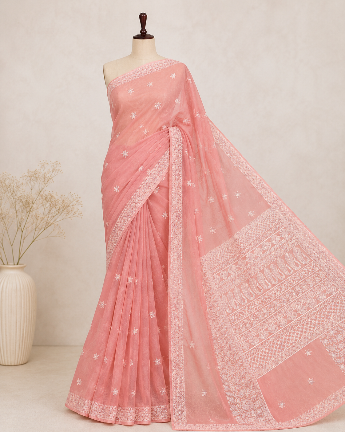 Sanskari Edit | Hand Embroidery Half Jaal Chikankari Georgette Saree