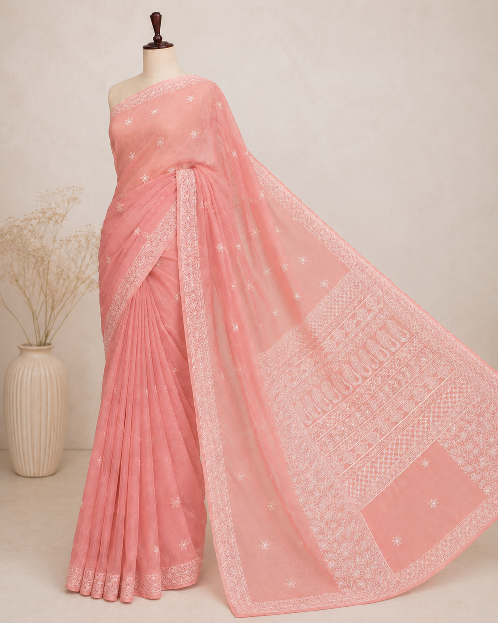 Sanskari Edit | Hand Embroidery Half Jaal Chikankari Georgette Saree