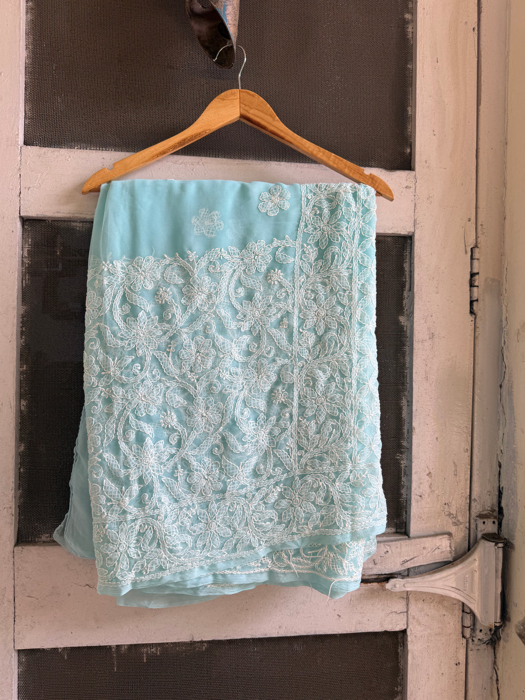 Sanskari Edit | Hand Embroidery Half Jaal Chikankari Georgette Saree