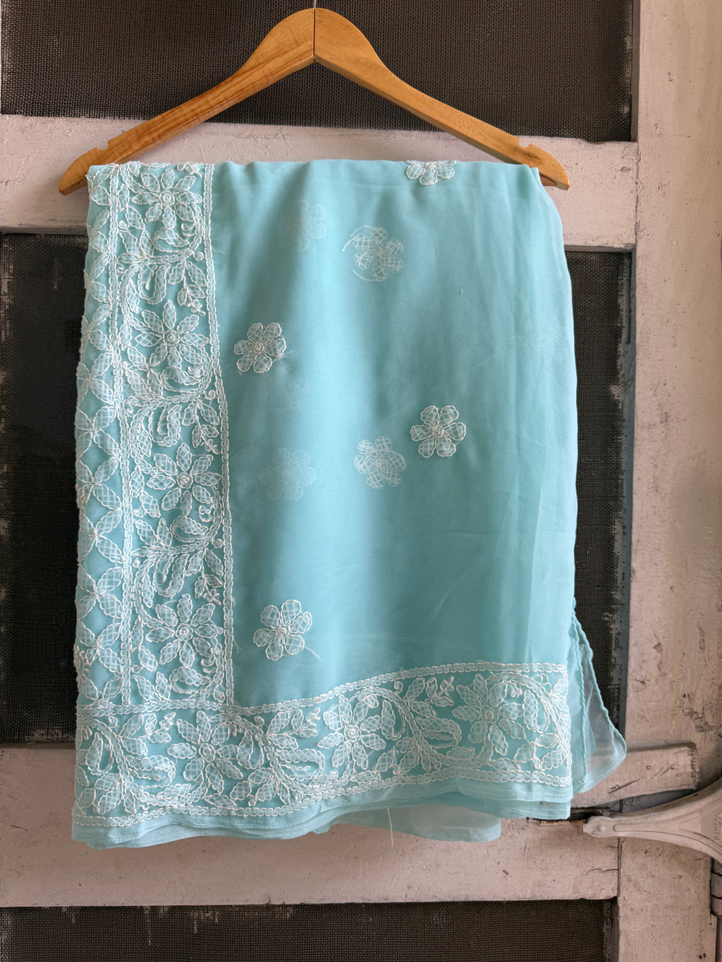 Sanskari Edit | Hand Embroidery Half Jaal Chikankari Georgette Saree