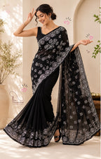 Midnight Bloom Embroidered Black Saree