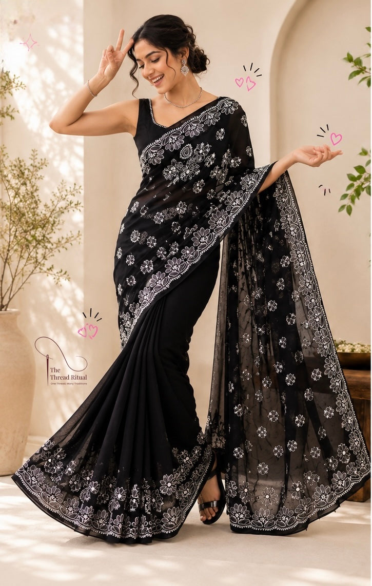 Midnight Bloom Embroidered Black Saree