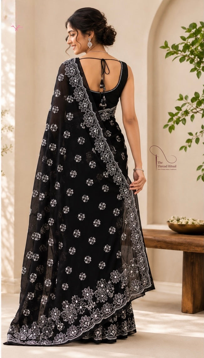 Midnight Bloom Embroidered Black Saree