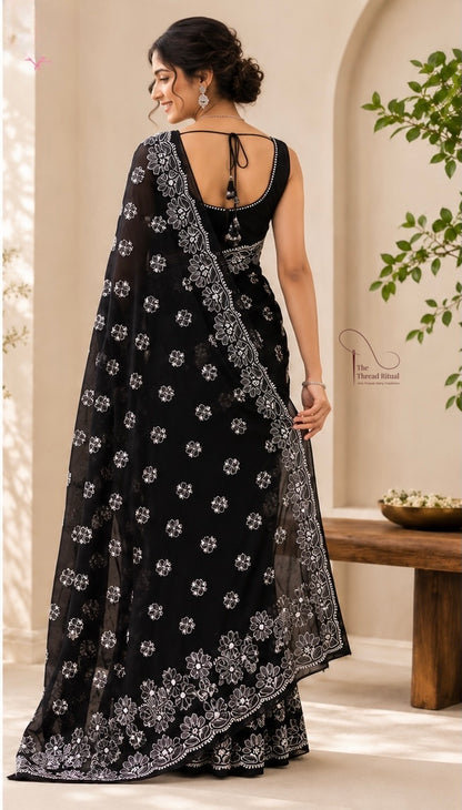 Midnight Bloom Embroidered Black Saree