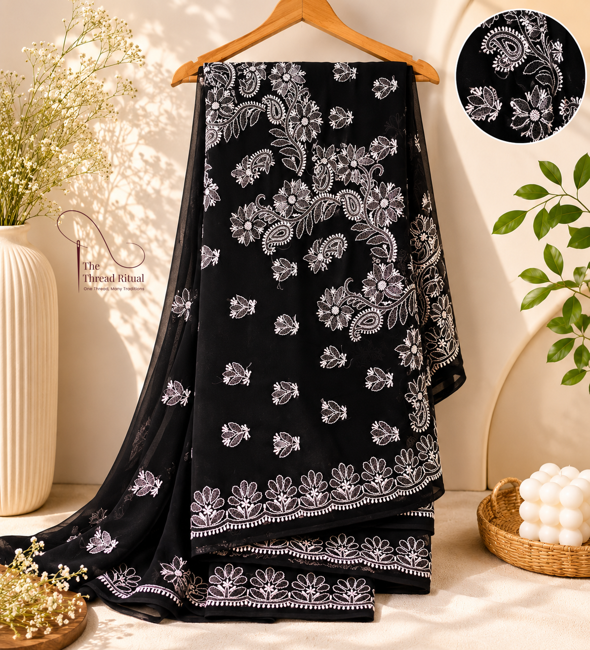 Midnight Bloom Embroidered Black Saree