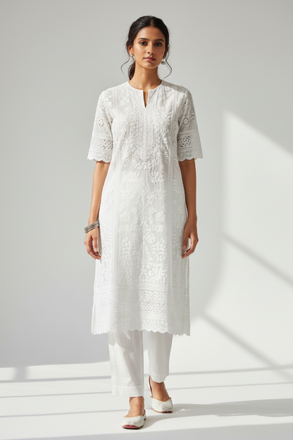 White Chikankari cotton short kurta front view