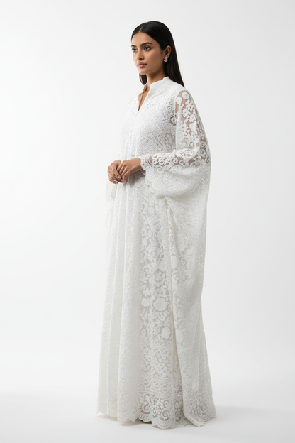 White Chikankari cotton long kurta front view