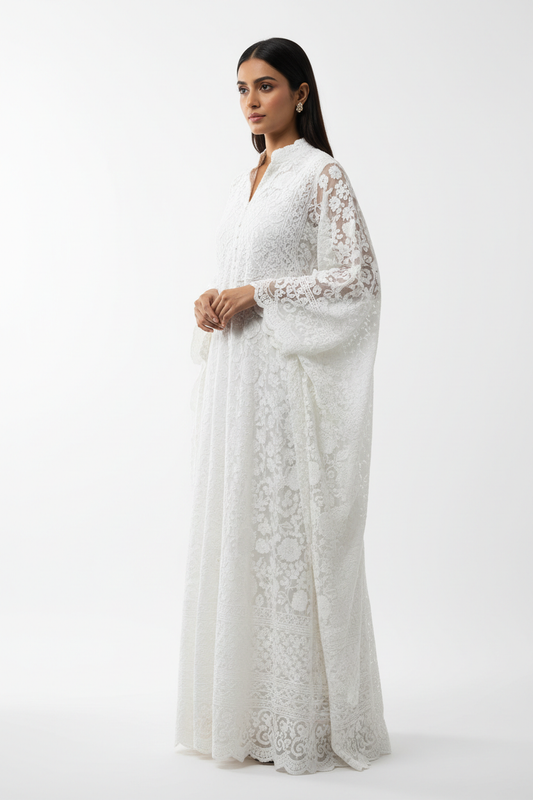 White Chikankari cotton long kurta front view