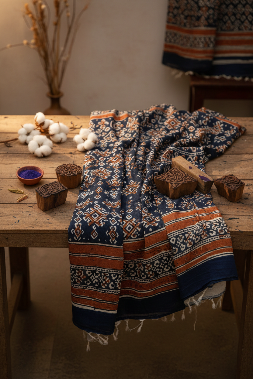 Ajrakh unstitched fabric set styled with block printing tools