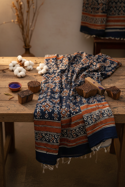 Ajrakh unstitched fabric set styled with block printing tools