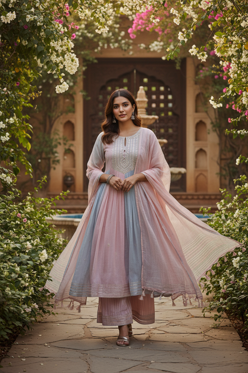 Woman wearing pastel MulMul cotton kurta set