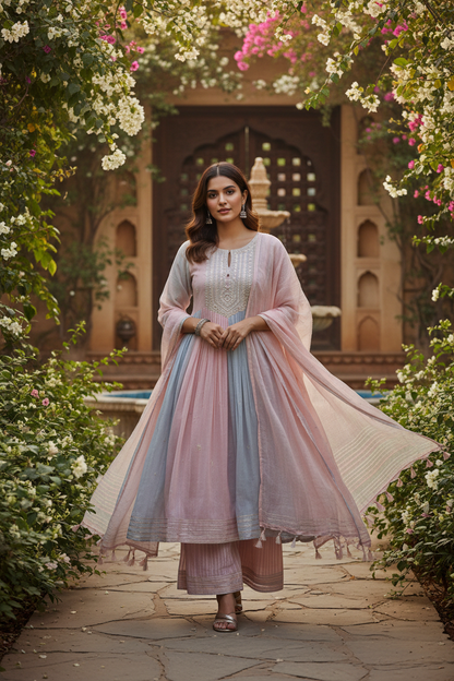 Woman wearing pastel MulMul cotton kurta set