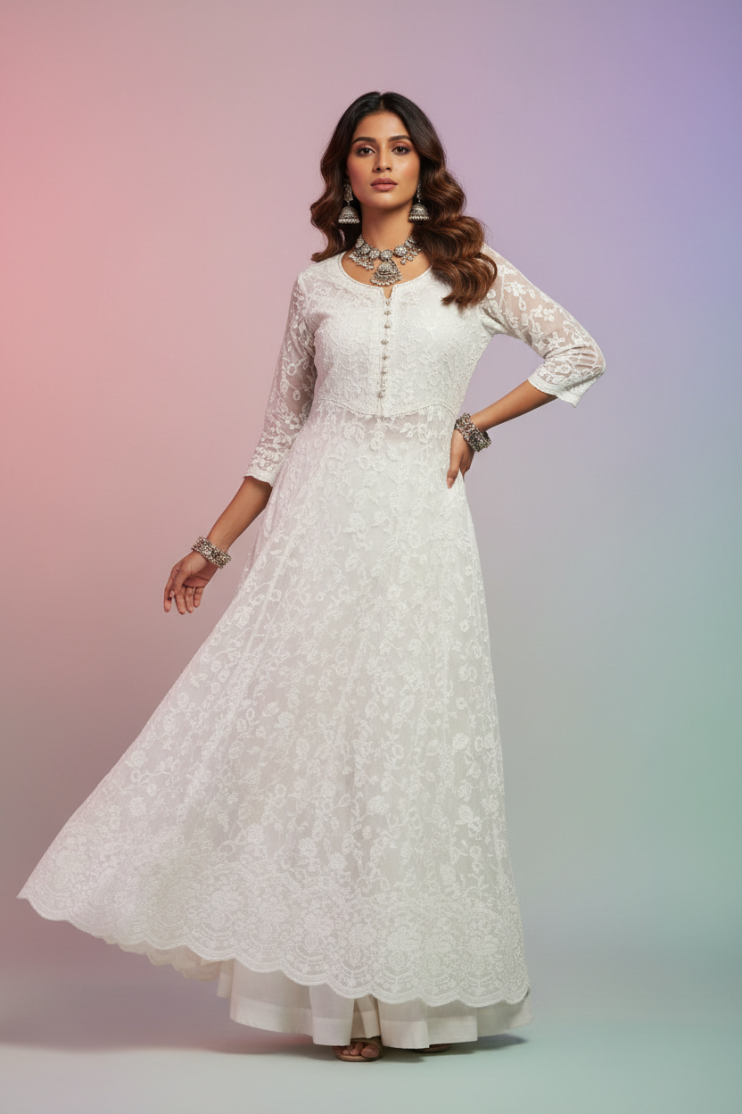 Woman wearing white Chikankari long kurta