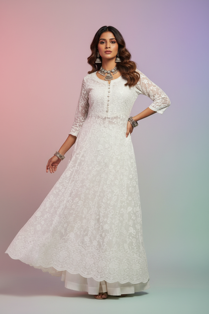 Woman wearing white Chikankari long kurta