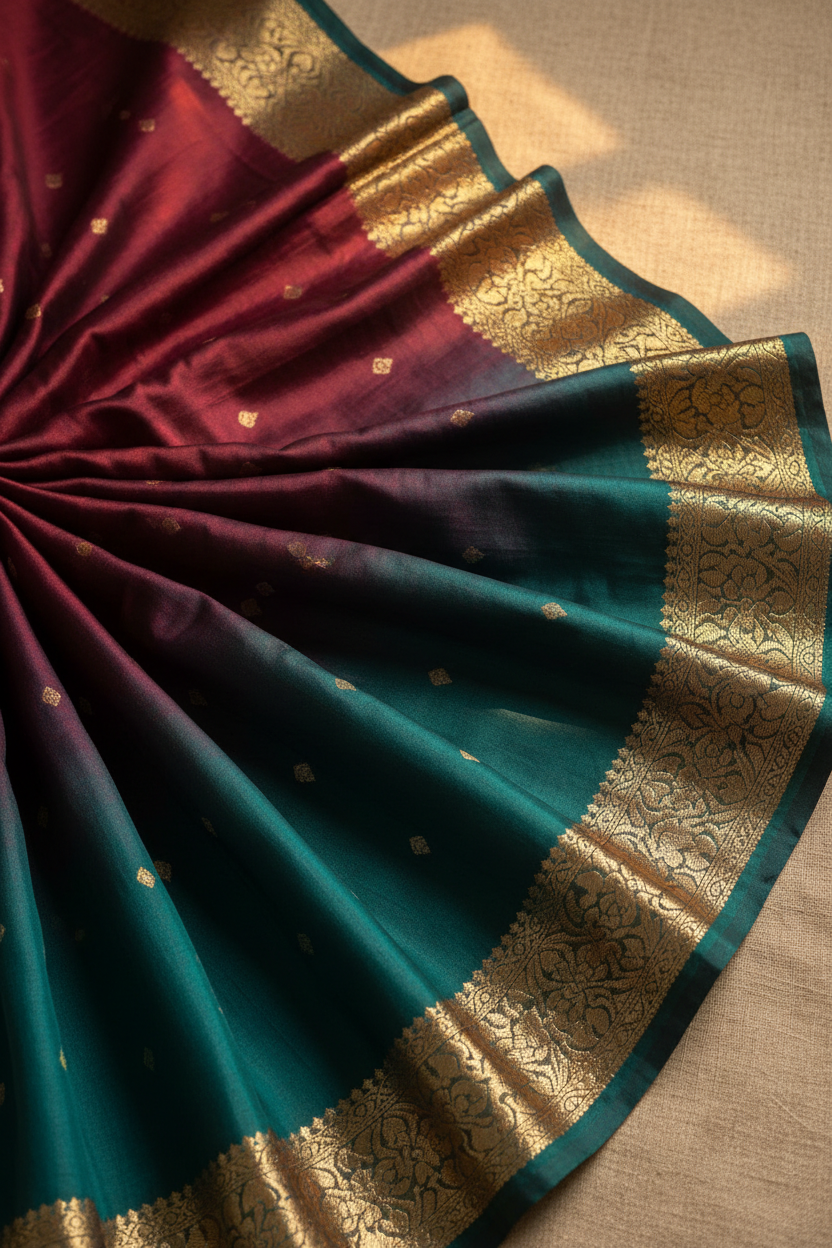 Close-up of silk fabric and zari border detail