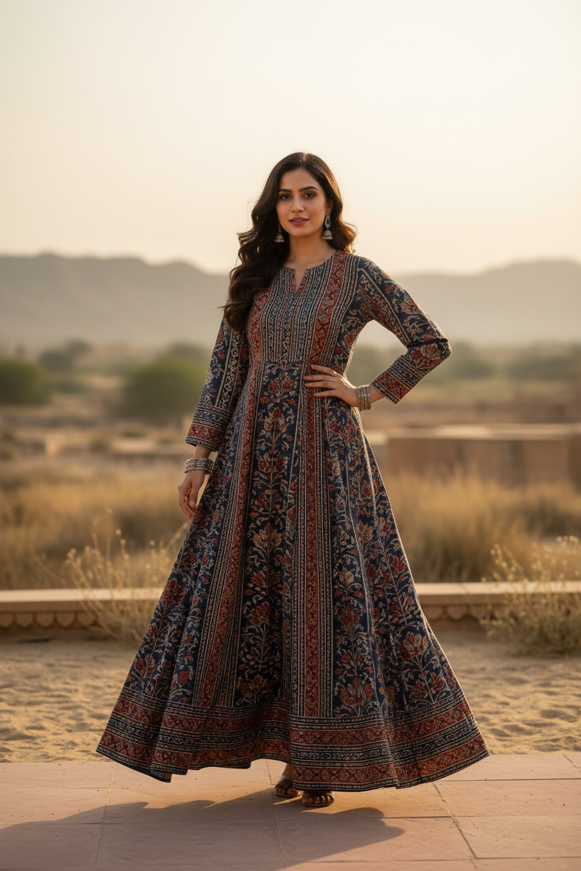 Woman wearing Ajrakh block print long kurta