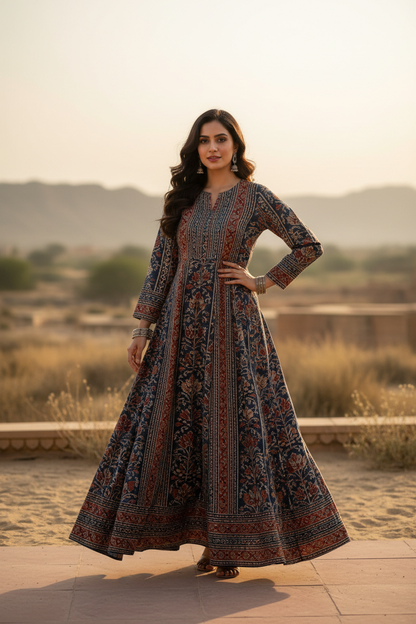 Woman wearing Ajrakh block print long kurta