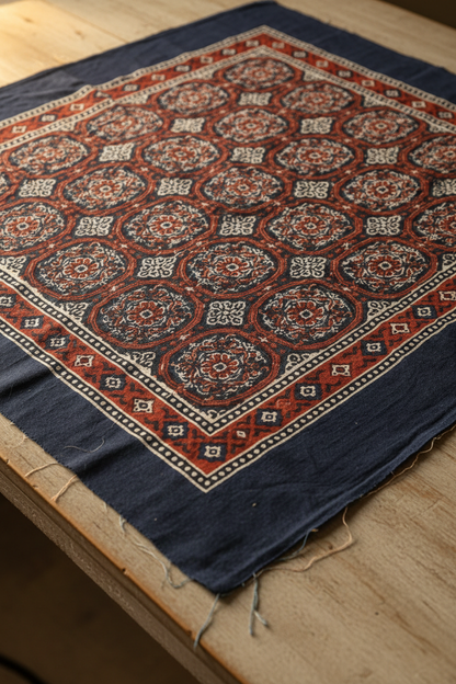 Close-up of Ajrakh block print on unstitched fabric