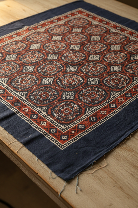 Close-up of Ajrakh block print on unstitched fabric