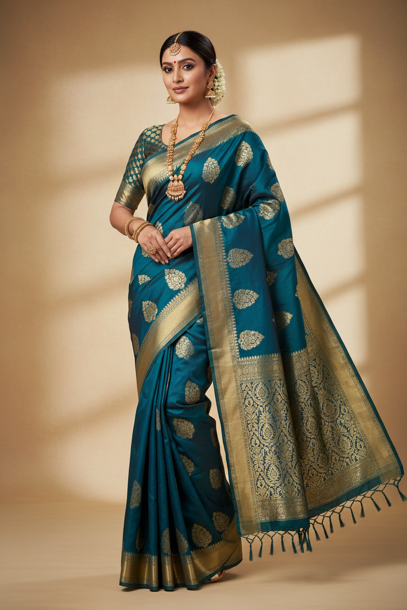 Woman wearing rich teal silk saree