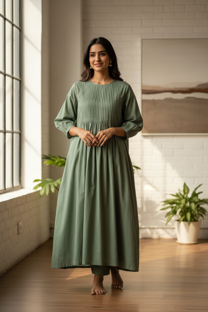 Woman wearing sage green pintuck cotton long kurta