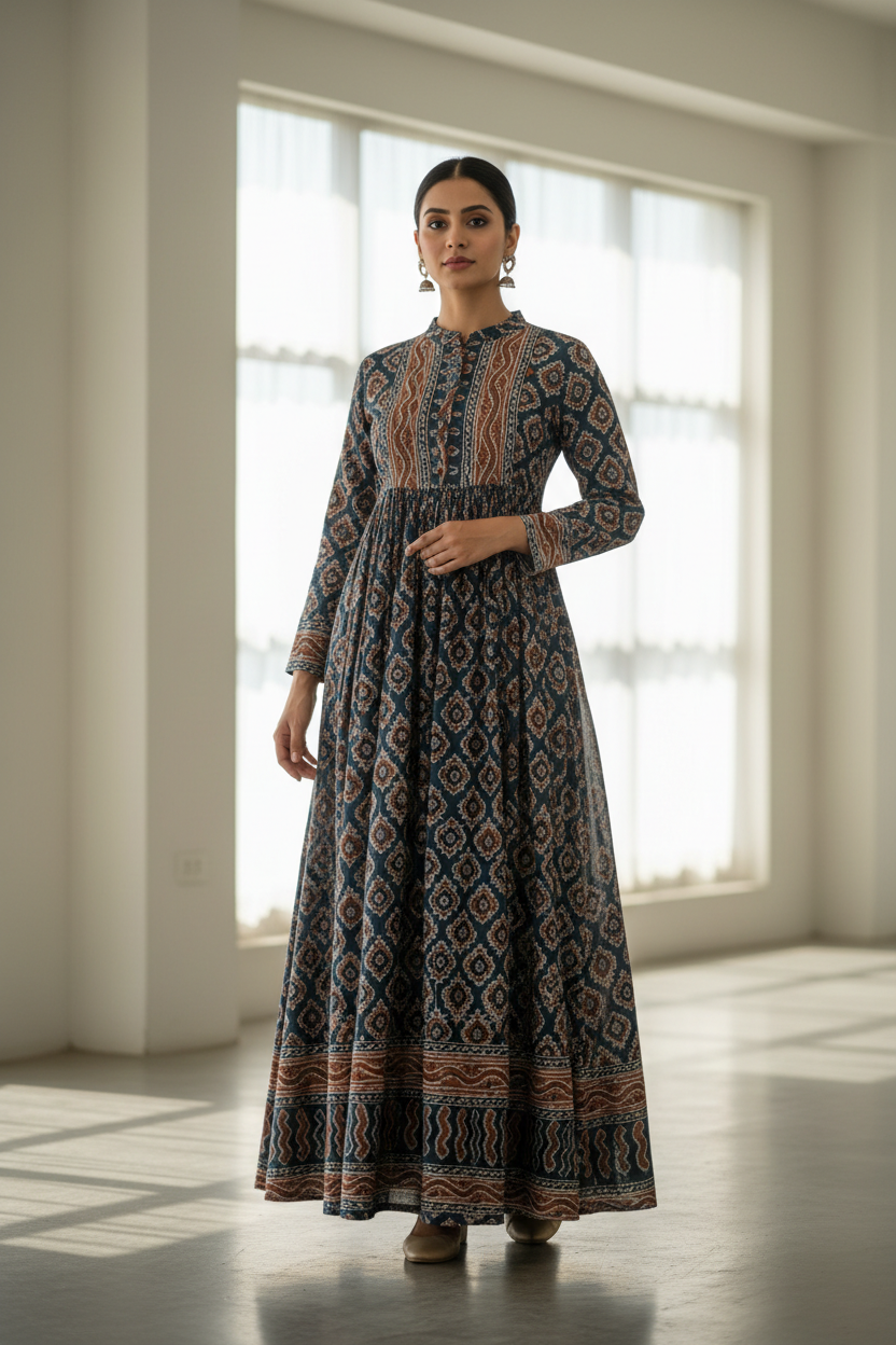 Ajrakh block print cotton long kurta front view