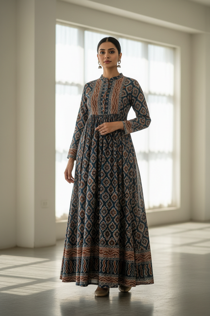 Ajrakh block print cotton long kurta front view