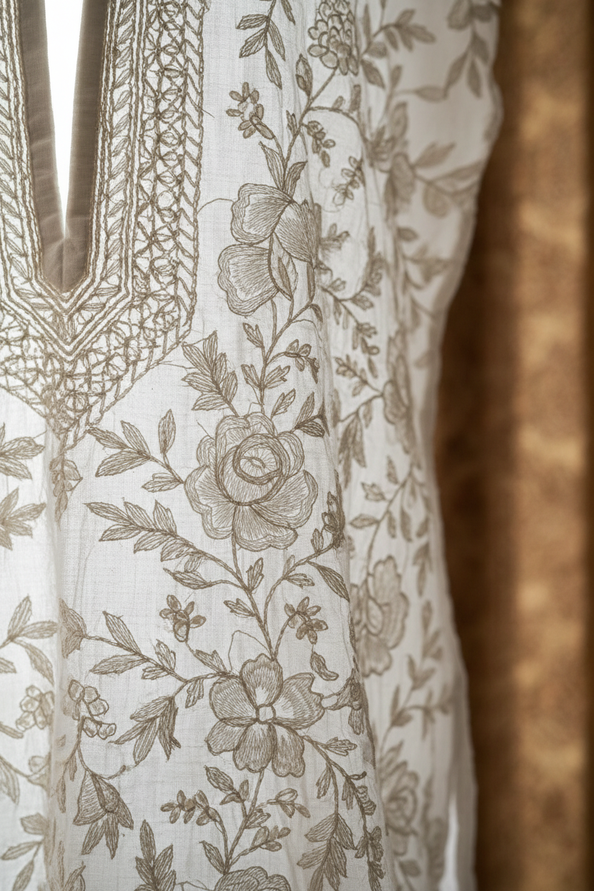 Close-up of Chikankari embroidery detail on short kurta