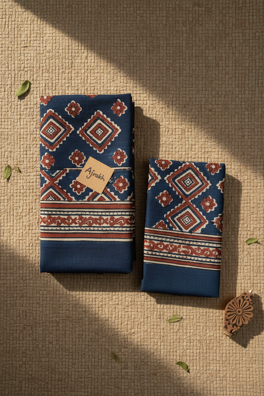Ajrakh block print cotton unstitched fabric set flat lay