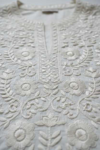Close-up of Chikankari embroidery on long kurta