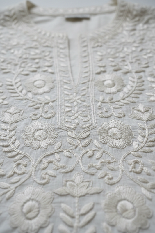 Close-up of Chikankari embroidery on long kurta