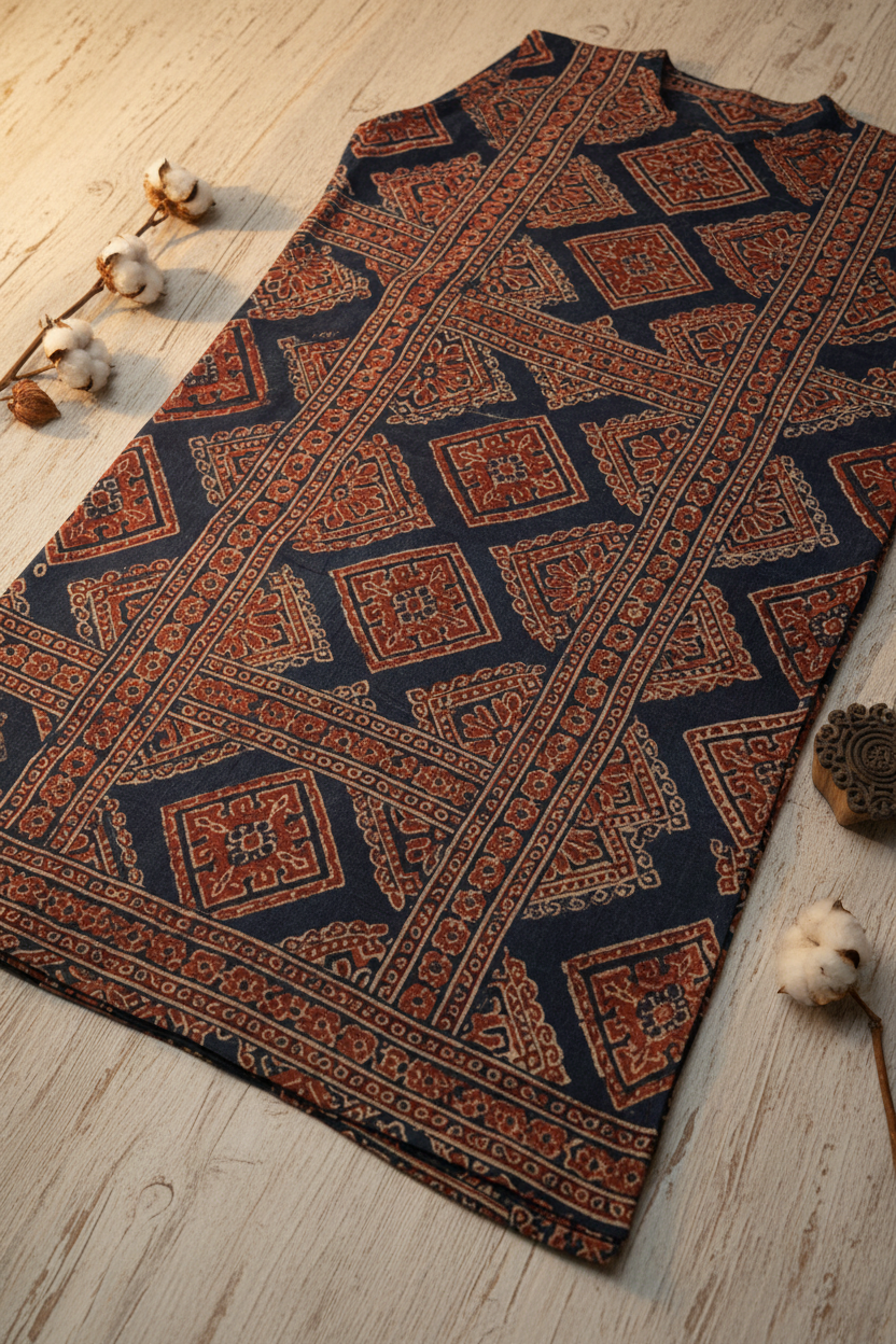 Close-up of Ajrakh block print on long kurta