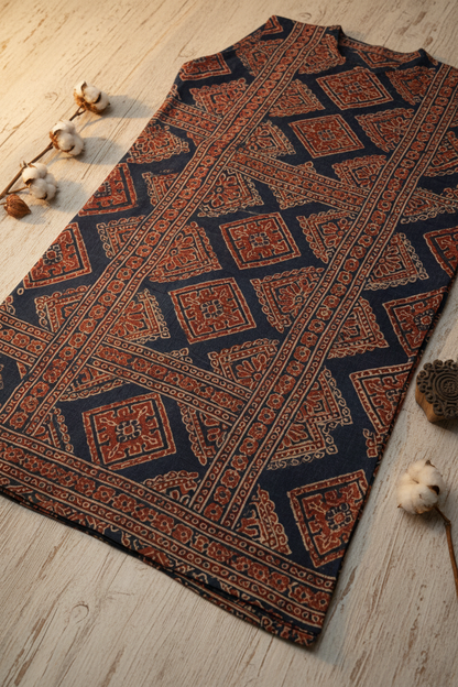 Close-up of Ajrakh block print on long kurta