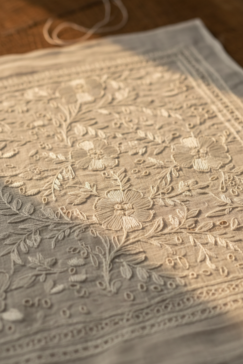 Close-up of Chikankari embroidery on unstitched fabric