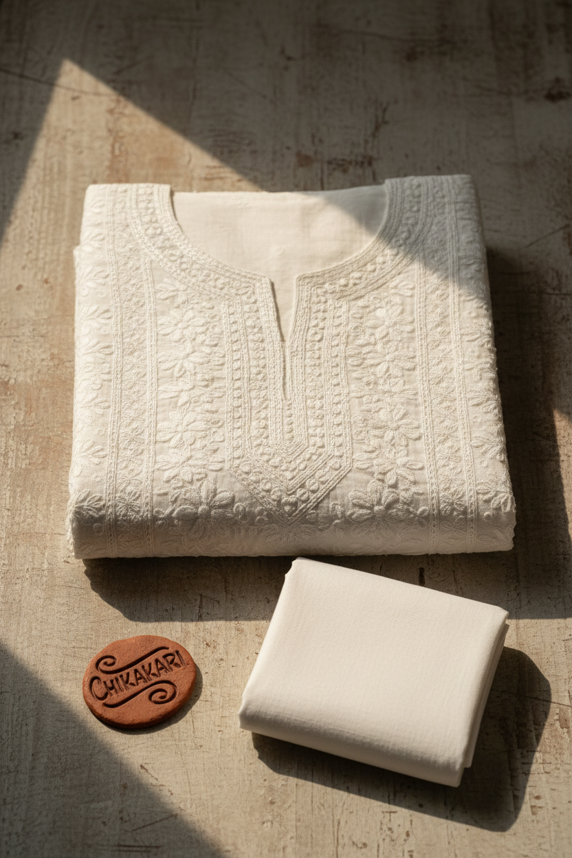 Chikankari cotton unstitched fabric set flat lay