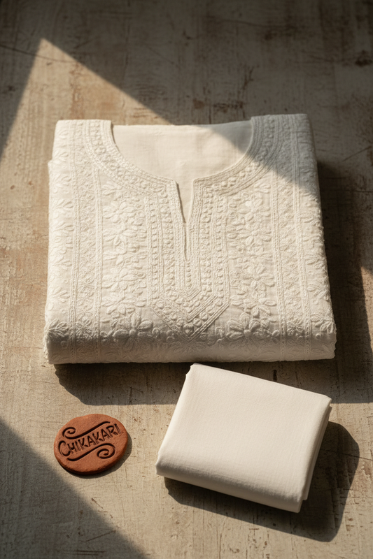 Chikankari cotton unstitched fabric set flat lay
