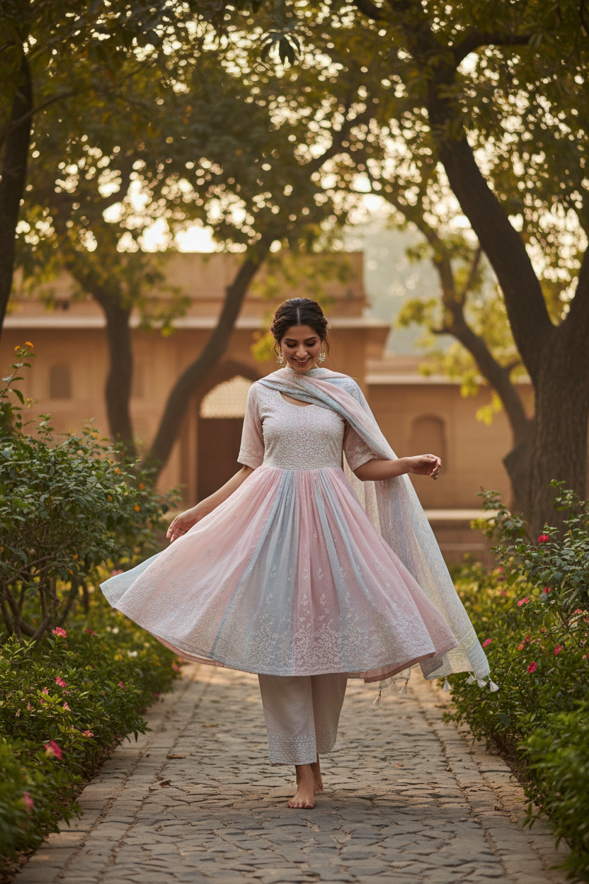 Woman wearing pastel MulMul cotton short kurta