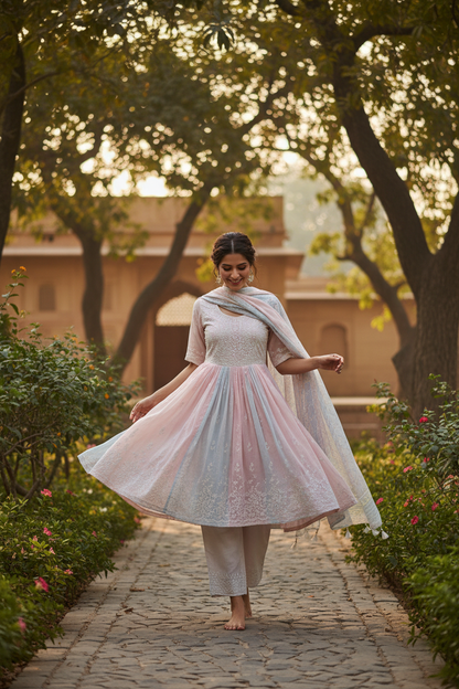 Woman wearing pastel MulMul cotton short kurta