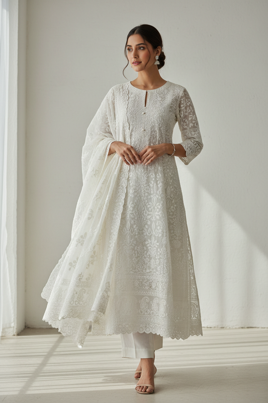 Hand-embroidered Chikankari cotton kurta set from Lucknow