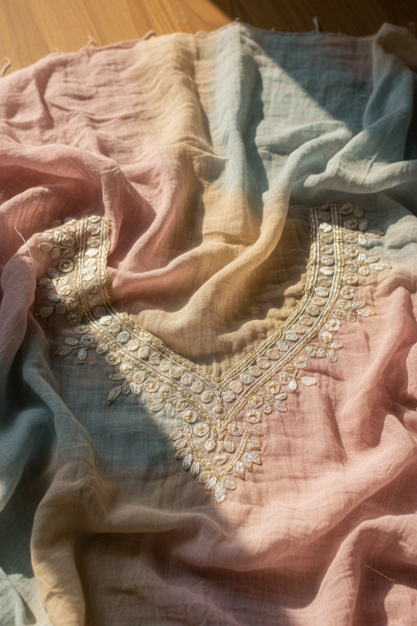 Close-up of MulMul fabric and embroidered neckline