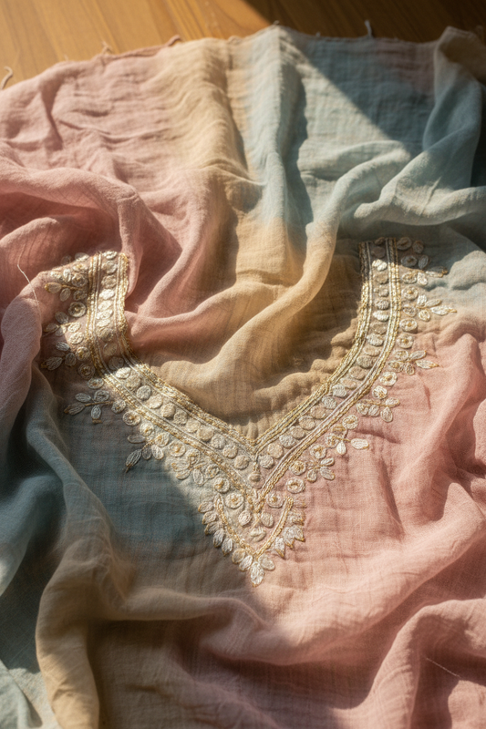 Close-up of MulMul fabric and embroidered neckline