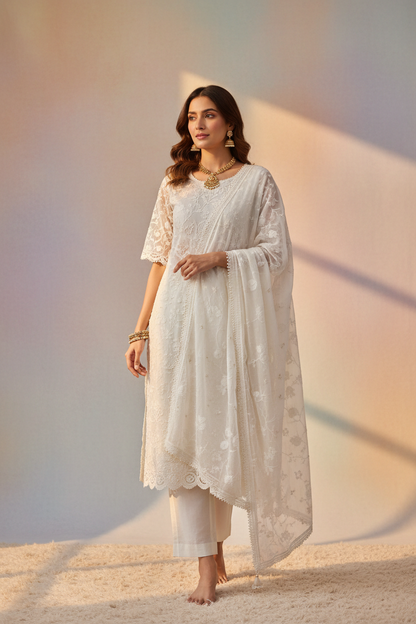 Woman wearing white Chikankari short kurta