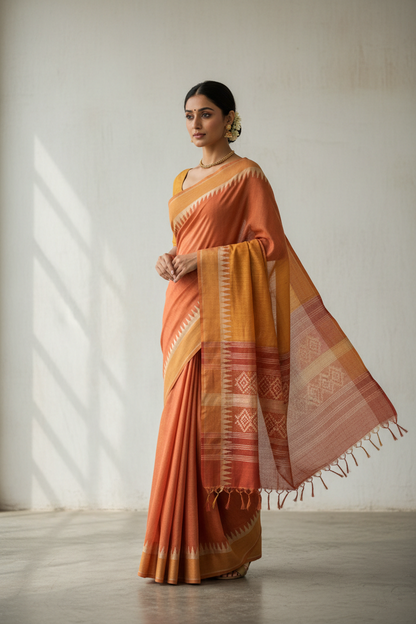 Handwoven cotton saree in terracotta
