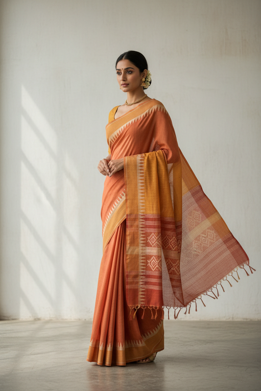 Handwoven cotton saree in terracotta