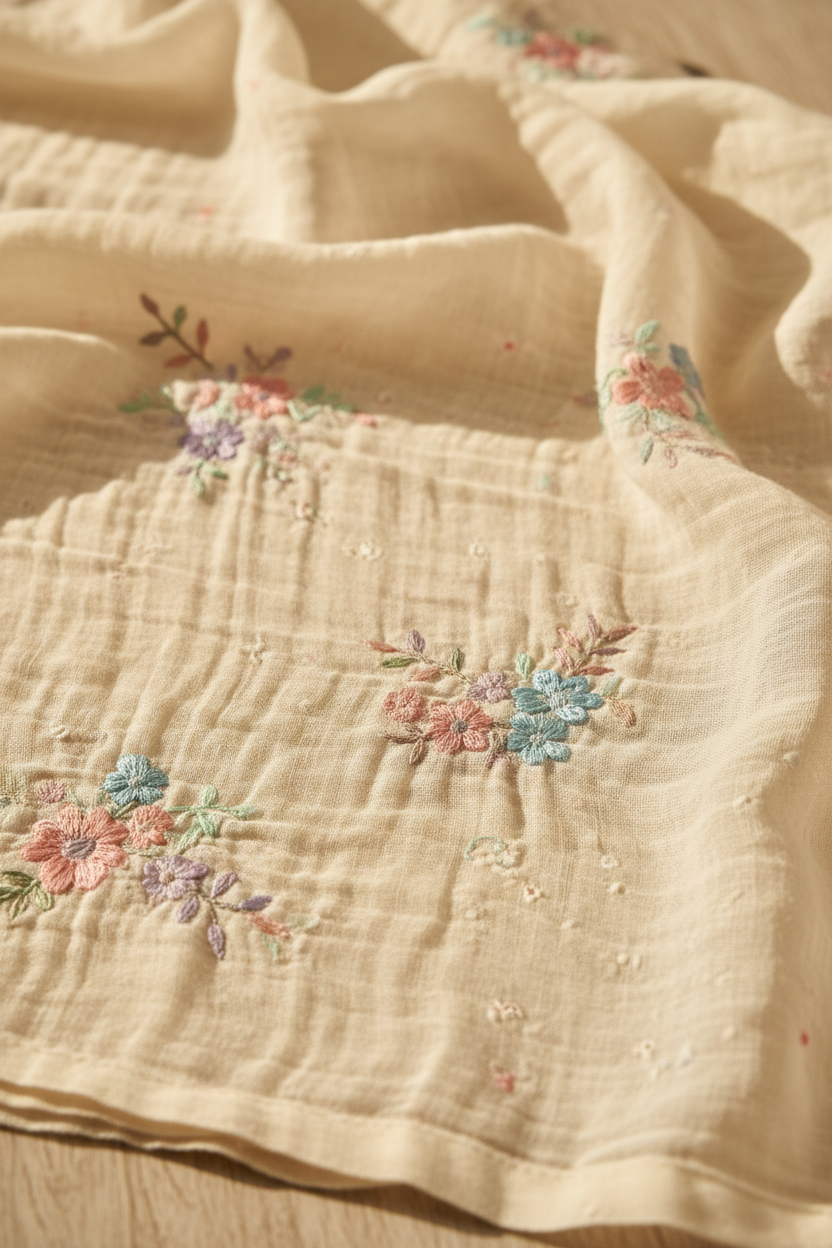 Close-up of MulMul fabric and floral embroidery detail